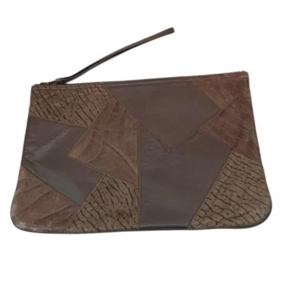 Vintage 80s 90s Clutch Wristlet Pouch Women's Brown Leather Patchwork Textured